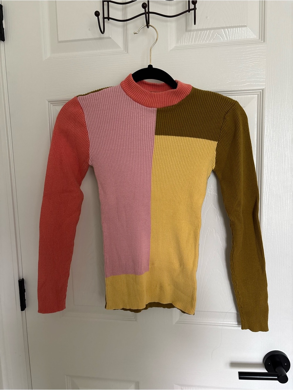 Colorblock Ribbed Knit Pullover - Pink, Coral, Mustard, Olive sweater stretchy